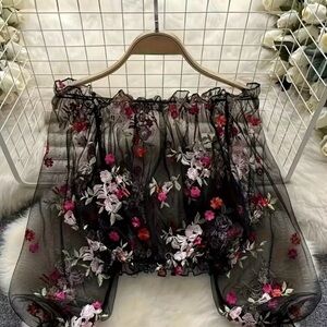 Floral Embroidered Sheer Black Top